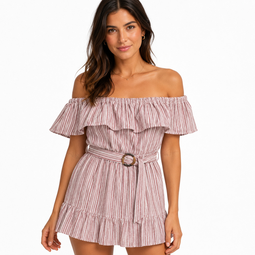 Speechless Off The Shoulder Dress Womens Small Red Striped Belted Ruffle Boho